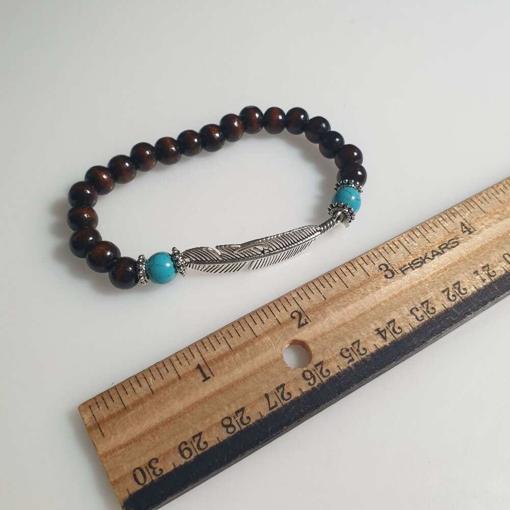 Brown Wood Beads Turquoise Accent Feather Pendant Stretch Bracelet Handmade Jewe - Picture 4 of 4